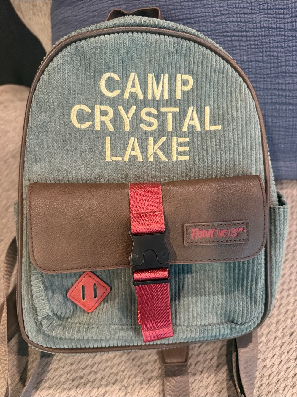 Camp Crystal Lake Corduroy Mini Backpack - Blue with Red Accent